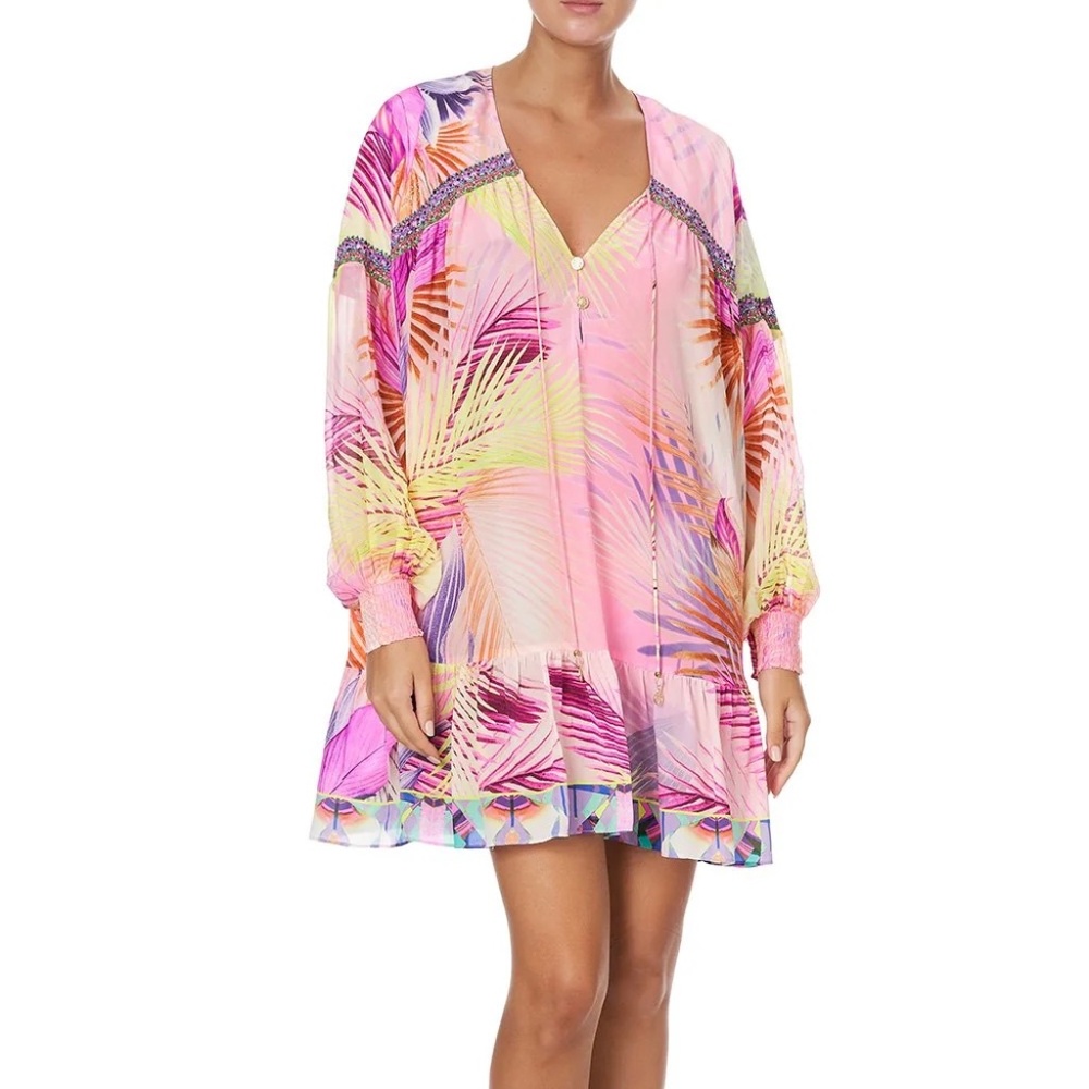 Camilla South Beach Sunrise 100% Silk Gathered Yoke Short Dress Blouson Sleeves